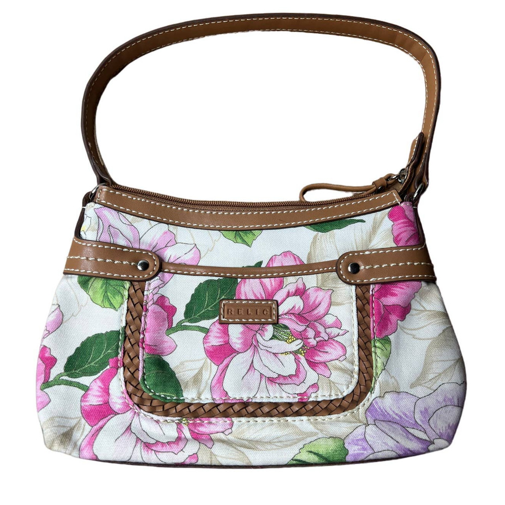 Relic Peony Shoulder Bag - Pink Floral Shoulder Bag With Brown Leather Trim